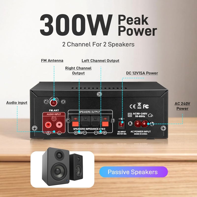 Wtoolfex مضخم صوت منزلي ستيريو AK45 مع مستقبل بلوتوث 5.0، 300 واط + 300 واط مضخم صوت HiFi بلوتوث 2.0 قناة RMS 40 واط × 2 نظام ستيريو منزلي مع جهاز تحكم عن بعد، ميكروفون، USB، RCA، راديو FM - Image 3